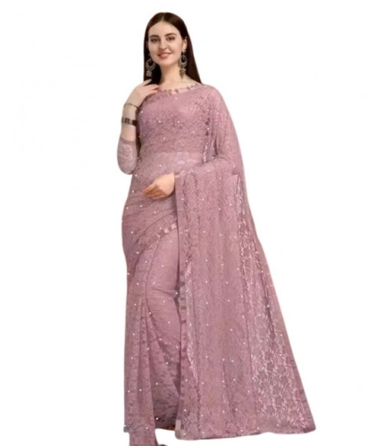 Women's Net Self Design Saree With Unstitched Blouse 5.5Mtr (Light Brown)
