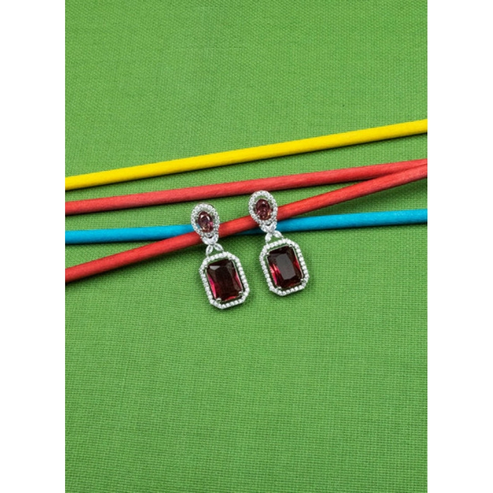 Women's Brass Silver Plated Drop Earrings (Red)