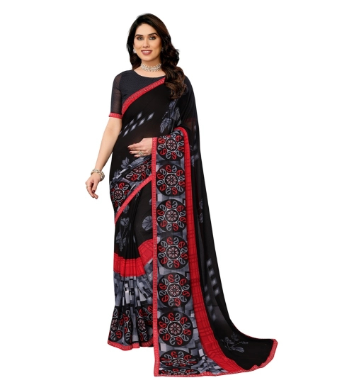 Women's Georgette Printed Saree With Unstitched Blouse 5.5Mtr (Black)