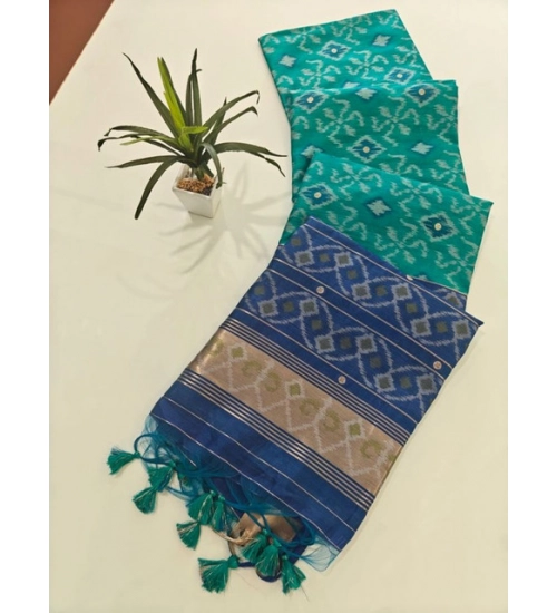Women's Raw Silk Ikkat Saree With Unstitched Blouse 5.5Mtr (Sky Blue)