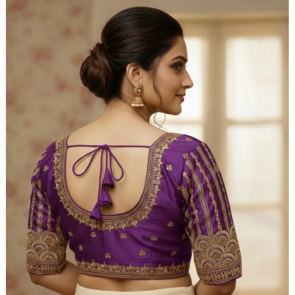 Women's Phantom Silk Embroidered Designer Neck Padded Blouse (Purple 38 Ready (Alterable up to 42)