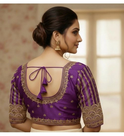 Women's Phantom Silk Embroidered Designer Neck Padded Blouse (Purple 38 Ready (Alterable up to 42)