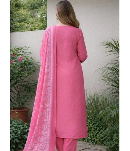 Women's Chanderi Silk Ethnic Motif Round 3/4th Sleeve Kurti With Pant Dupatta Set (Pink)