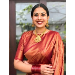 Women's Litchi silk Printed Saree With Unstitched Blouse (Red)