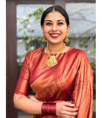 Women's Litchi silk Printed Saree With Unstitched Blouse (Red)