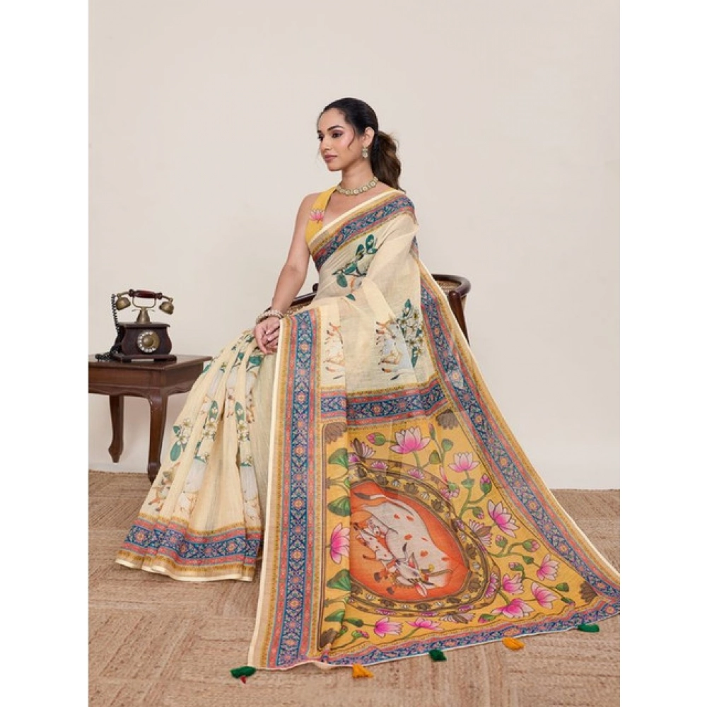 Women's Linen Floral Printed Saree With Unstitched Blouse 5.5Mtr (Beige) Women's Linen Floral Printed Saree With Unstitched Blouse 5.5Mtr (Beige)