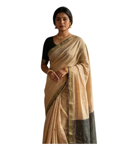 Women's Cotton Printed Saree With Unstitched Blouse 5.5Mtr (Beige)