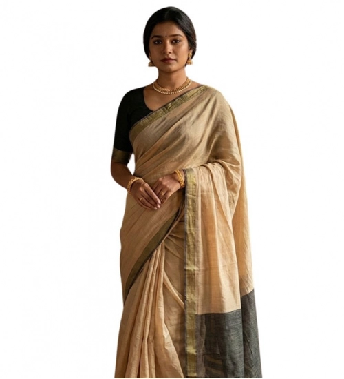 Women's Cotton Printed Saree With Unstitched Blouse 5.5Mtr (Beige)