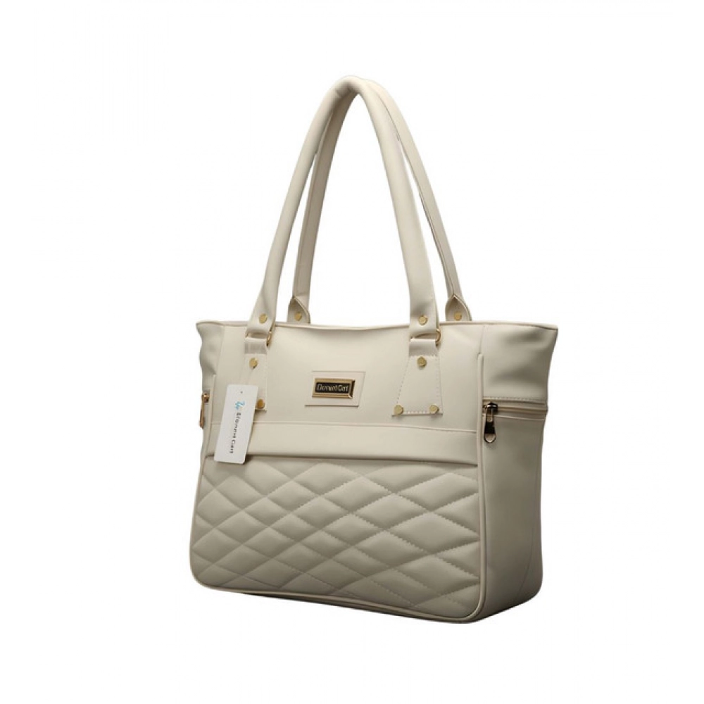 Women's PU Leather Solid Shoulder Zipper Handbag (Cream)