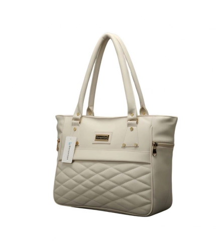 Women's PU Leather Solid Shoulder Zipper Handbag (Cream)