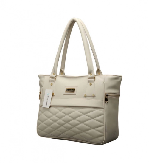 Women's PU Leather Solid Shoulder Zipper Handbag (Cream)