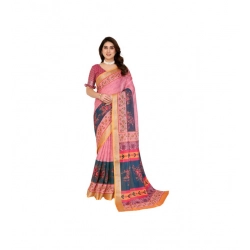 Women's Linen Cotton  Printed Saree With Unstitched Blouse 5.5Mtr (Pink)