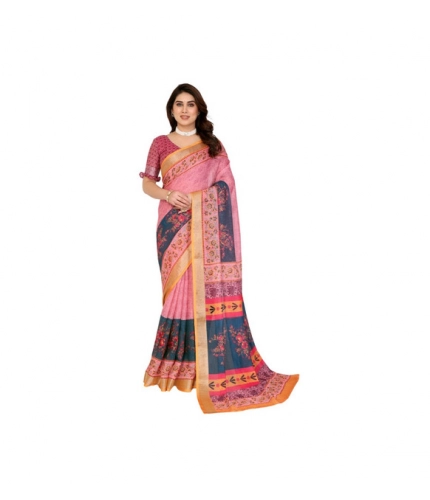 Women's Linen Cotton  Printed Saree With Unstitched Blouse 5.5Mtr (Pink)