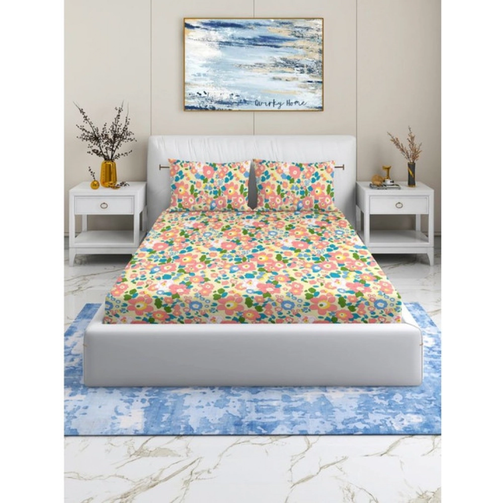 Cotton Blend Floral Printed Double Bedsheet with 2 Pillow Covers (Yellow) Cotton Blend Floral Printed Double Bedsheet with 2 Pillow Covers (Yellow)