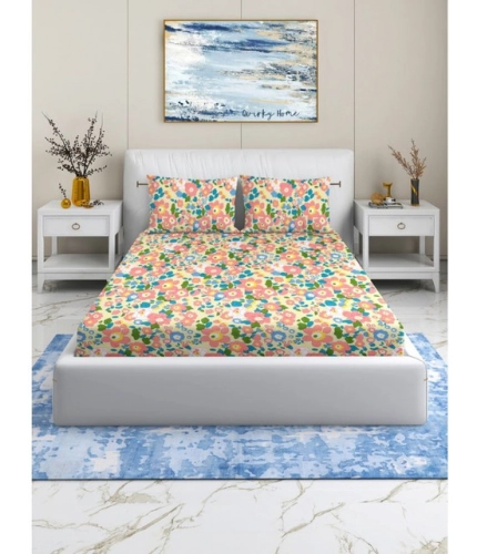 Cotton Blend Floral Printed Double Bedsheet with 2 Pillow Covers (Yellow)