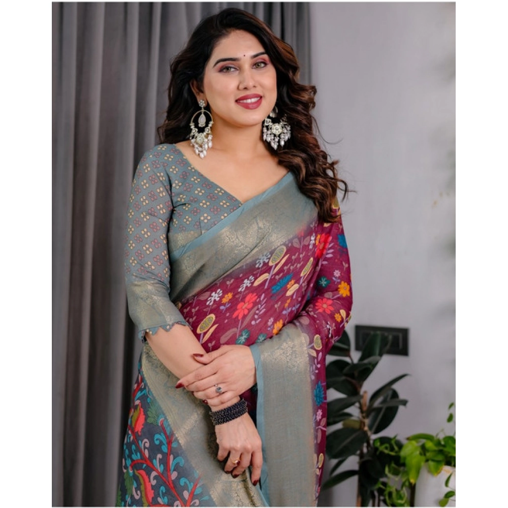 Women's Linen  Printed Saree With Unstitched Blouse 5.5Mtr (Purple)