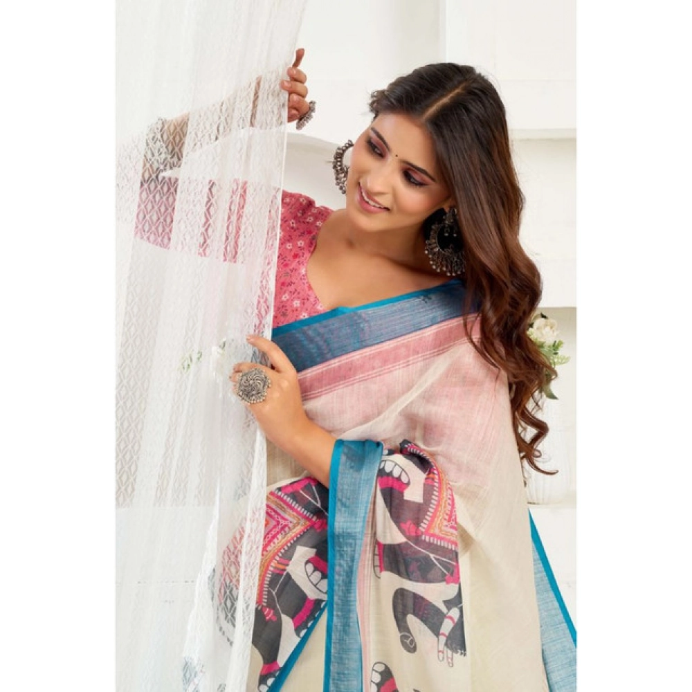Women's Linen Cotton Printed Ready To Wear Saree With Unstitched Blouse 5.5 Mtr (Cream)
