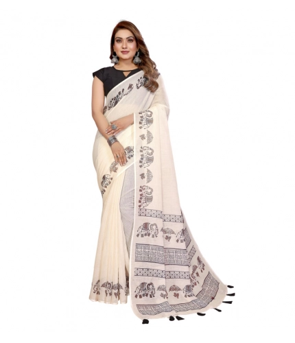 Women's Linen Cotton Printed Saree With Unstitched Blouse 5.5Mtr (Off White)