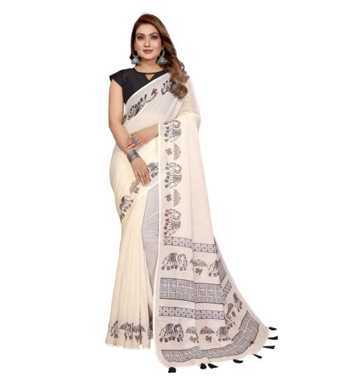 Women's Linen Cotton Printed Saree With Unstitched Blouse 5.5Mtr (Off White) Women's Linen Cotton Printed Saree With Unstitched Blouse 5.5Mtr (Off White)
