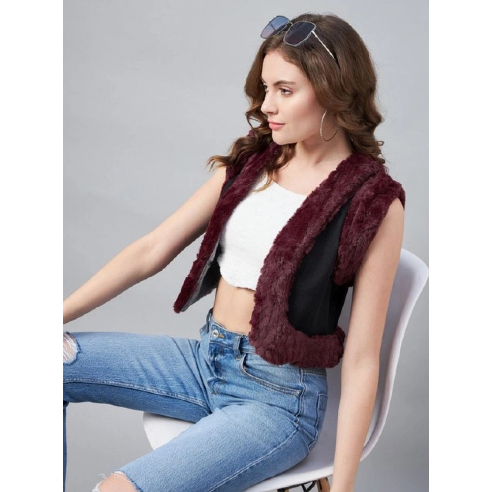 Women's Denim And Fur Solid Sleeveless Shrug (Black - Maroon)