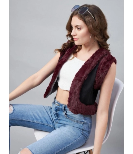 Women's Denim And Fur Solid Sleeveless Shrug (Black - Maroon)