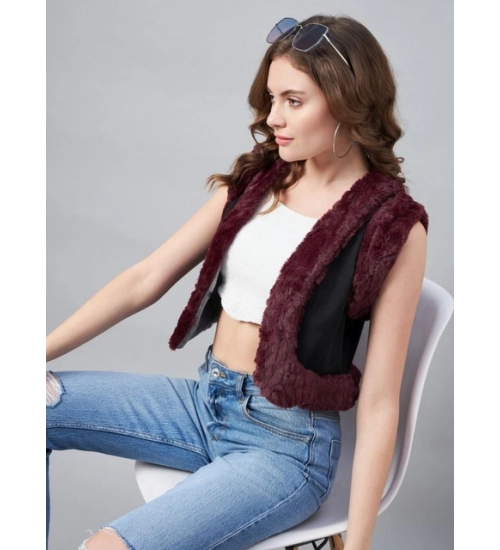 Women's Denim And Fur Solid Sleeveless Shrug (Black - Maroon)