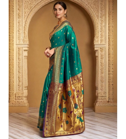 Women's Silk Blend Zari Weaving Saree With Unstitched Blouse 5.5Mtr (Teal)