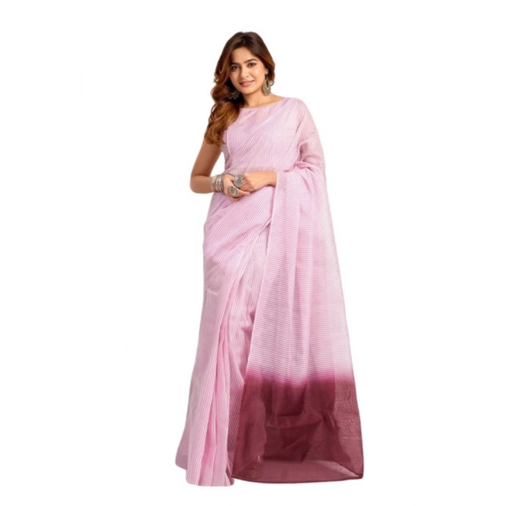 Women's Linen Cotton Printed Ready To Wear With Pocket Saree With Unstitched Blouse 5.5 Mtr (Light_Pink)