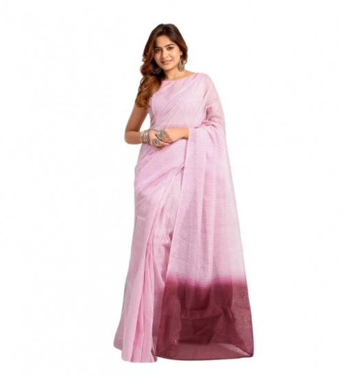 Women's Linen Cotton Printed Ready To Wear With Pocket Saree With Unstitched Blouse 5.5 Mtr (Light_Pink)