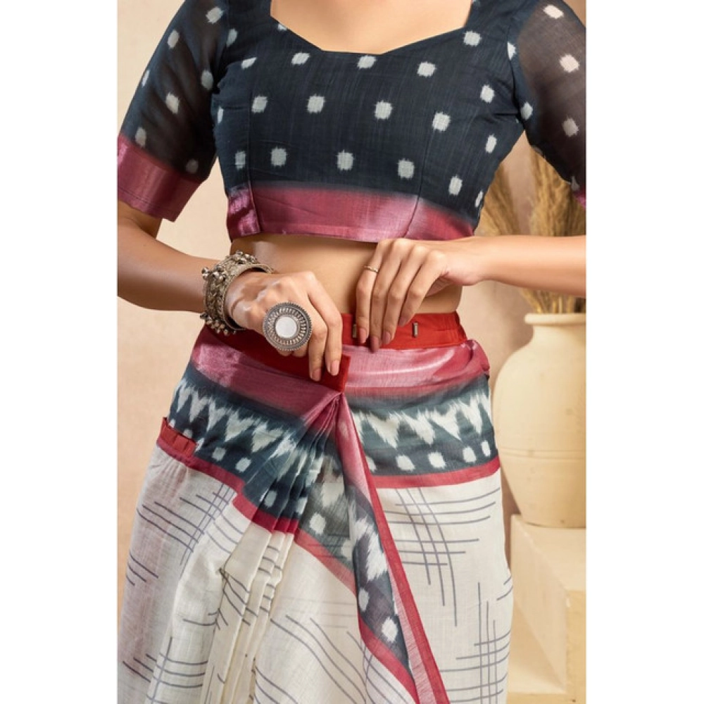 Women's Linen Cotton Printed Ready To Wear Saree With Unstitched Blouse 5.5 Mtr (Off_White)