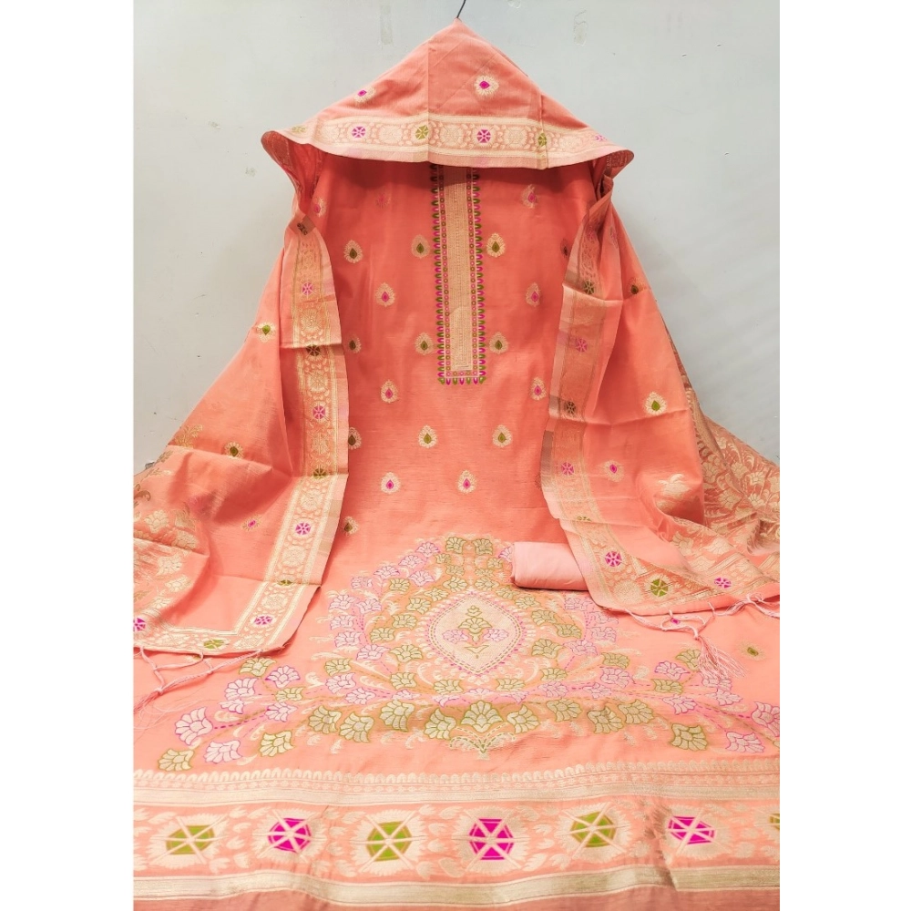 Women's Banarasi Silk Printed Unstitched Salwar Suit Material With Dupatta (Peach, 3Mtrs)