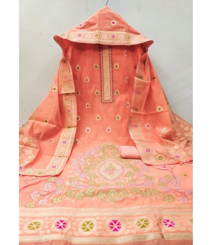 Women's Banarasi Silk Printed Unstitched Salwar Suit Material With Dupatta (Peach, 3Mtrs)