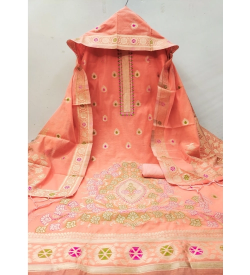 Women's Banarasi Silk Printed Unstitched Salwar Suit Material With Dupatta (Peach, 3Mtrs)