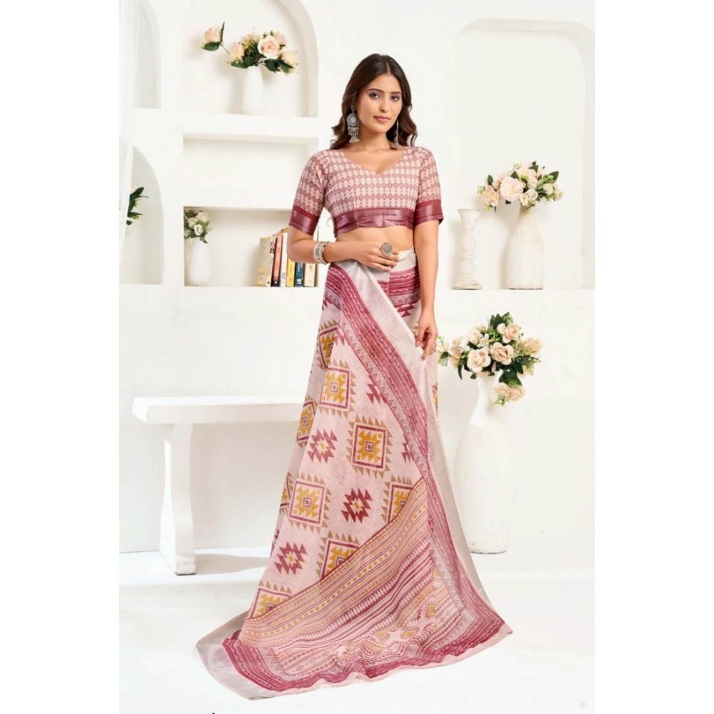 Women's Linen Cotton Printed Ready To Wear Saree With Unstitched Blouse 5.5 Mtr (Maroon)