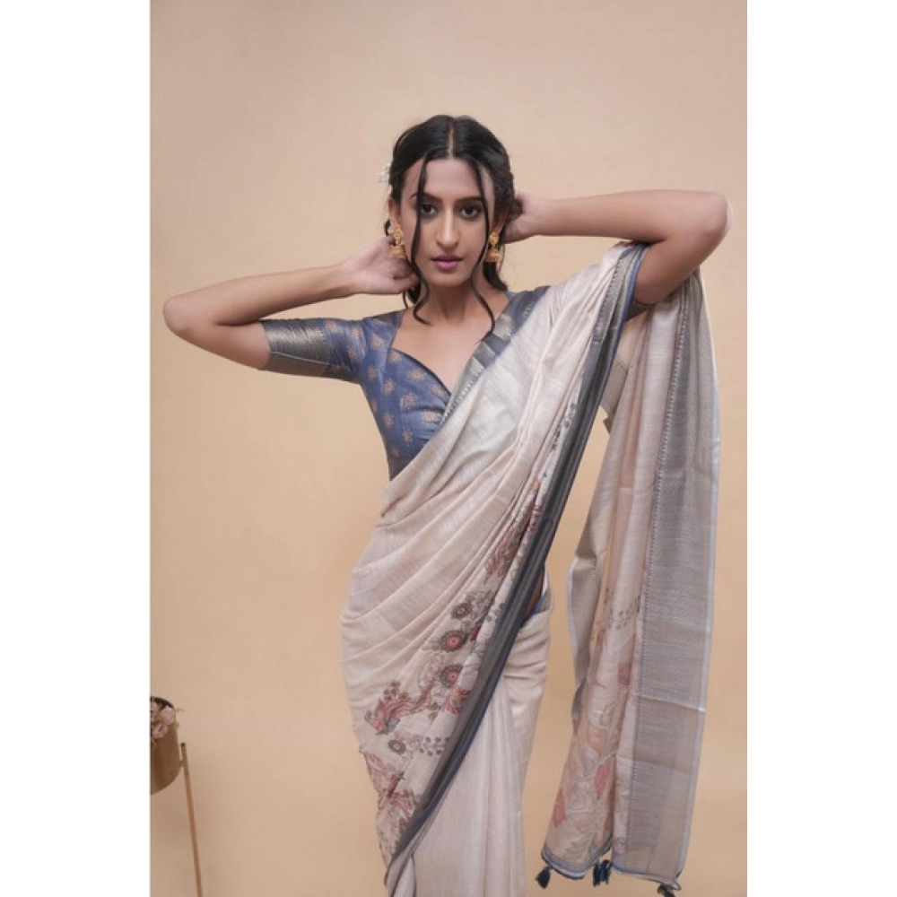 Women's Polyester Printed Saree With Unstitched Blouse 5.5 Mtr (Off-White)