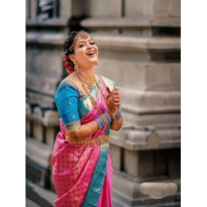 Generic Women's Litchi silk Printed Saree With Unstitched Blouse (Pink)