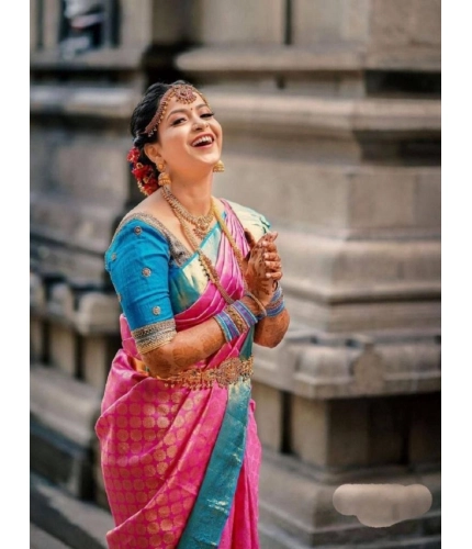 Women's Litchi silk Printed Saree With Unstitched Blouse (Pink)