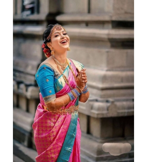 Women's Litchi silk Printed Saree With Unstitched Blouse (Pink)