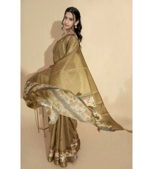 Women's Polyester Printed Saree With Unstitched Blouse 5.5 Mtr (Gold)