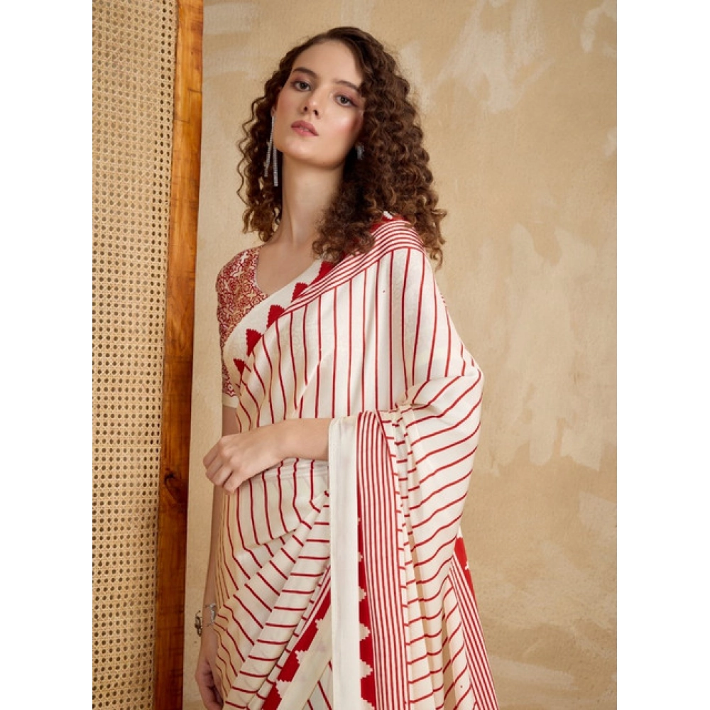 Women's Satin Crepe Printed Saree With Unstitched Blouse 5.5Mtr (Off White)