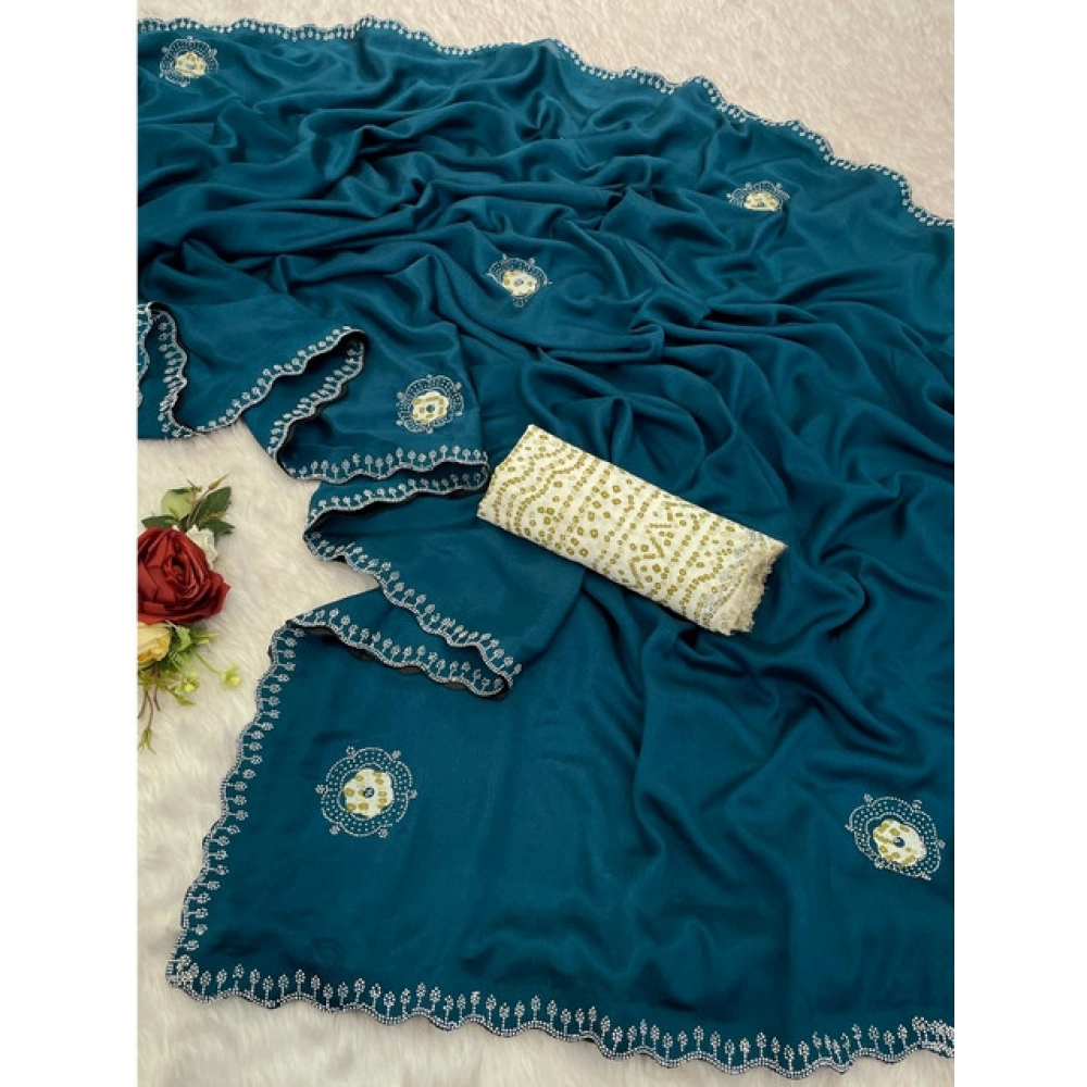 Women's Chiffon Butti Dotted Saree With Unstitched Blouse 5.5Mtr (Blue)