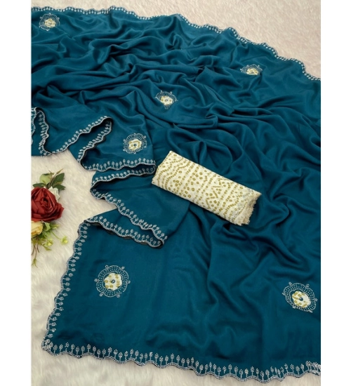 Women's Chiffon Butti Dotted Saree With Unstitched Blouse 5.5Mtr (Blue)