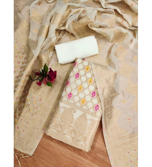 Women's Banarasi Silk Printed Unstitched Salwar Suit Material With Dupatta (White, 3Mtrs)