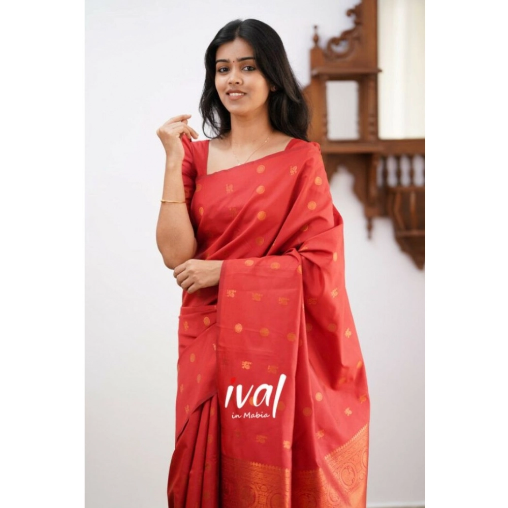 Women's Soft Lichi Silk Printed Saree With Unstitched Blouse 5.5Mtr (Red)