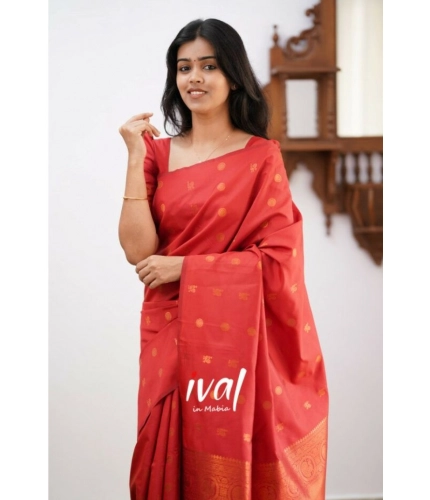Women's Soft Lichi Silk Printed Saree With Unstitched Blouse 5.5Mtr (Red)
