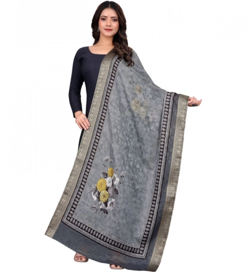 Women's chanderi silk  Printed Dupatta (Gray, Length: 2 Mtr)