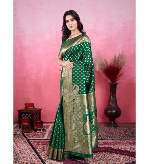 Women's Banarasi Silk Printed Saree With Unstitched Blouse 5.5Mtr (Green)