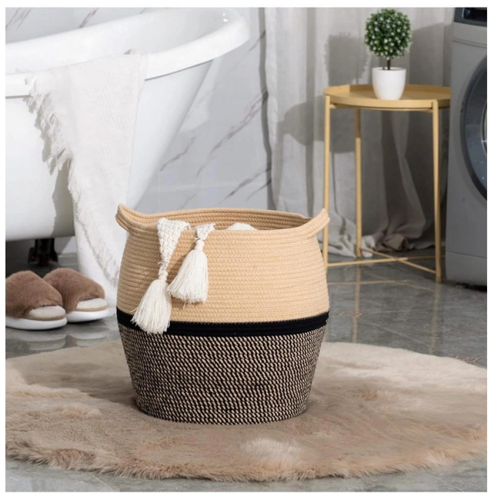 Cotton Matka 14x12 Inch Storage Basket For Clothes (Beige Black)