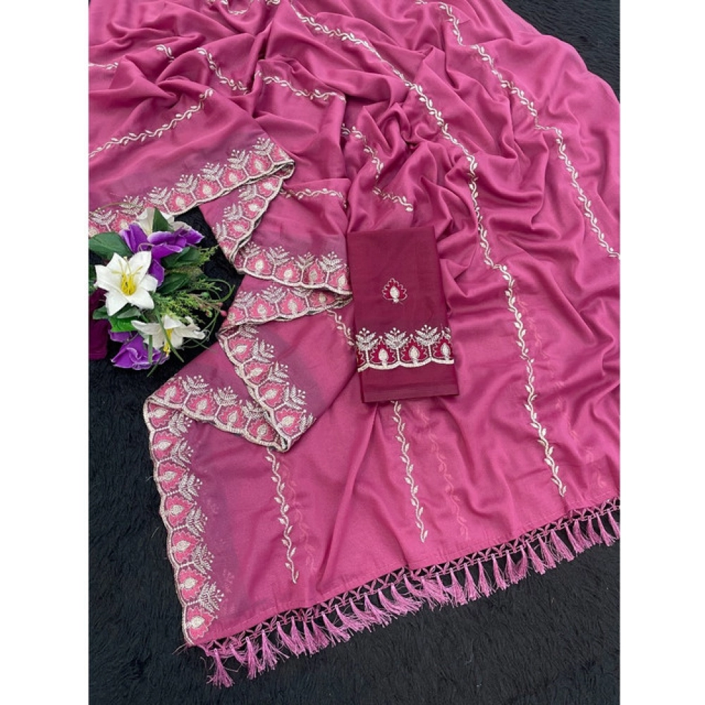 Women's Georgette Embroidered Saree With Unstitched Blouse 5.5Mtr (Pink)