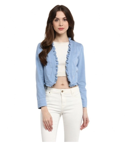 Women's Denim Ruffled Long Sleeves Shrug (Blue)